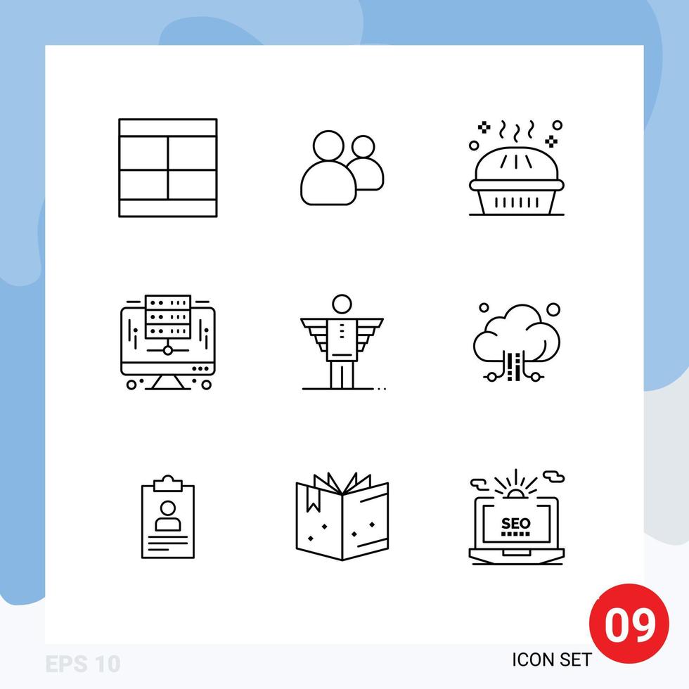 Mobile Interface Outline Set of 9 Pictograms of server digital team computer pie Editable Vector Design Elements