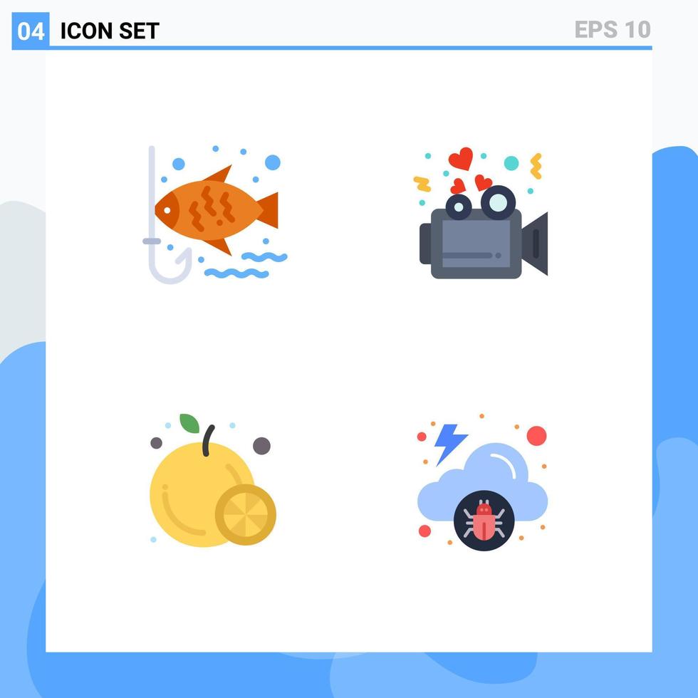 4 Thematic Vector Flat Icons and Editable Symbols of fish fruit leisure video cloud Editable Vector Design Elements