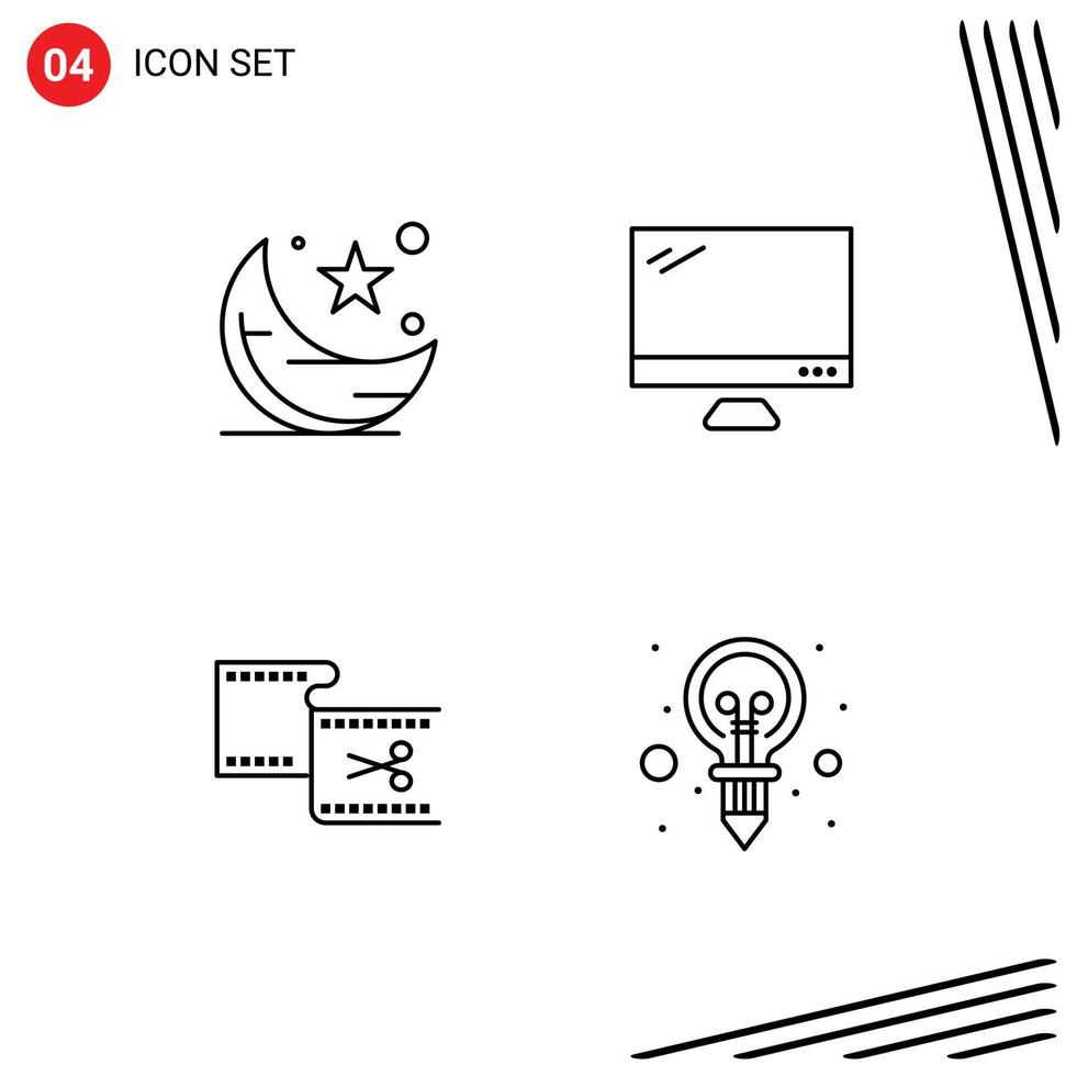 Editable Vector Line Pack of 4 Simple Filledline Flat Colors of moon pc night monitor cut Editable Vector Design Elements