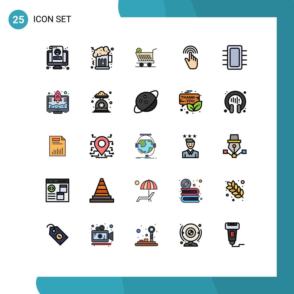 paquete de 25 modernos signos y símbolos de colores planos de línea rellena para medios de impresión web, como elementos de diseño de vectores editables con dedos de mano de trole de interfaz de placa
