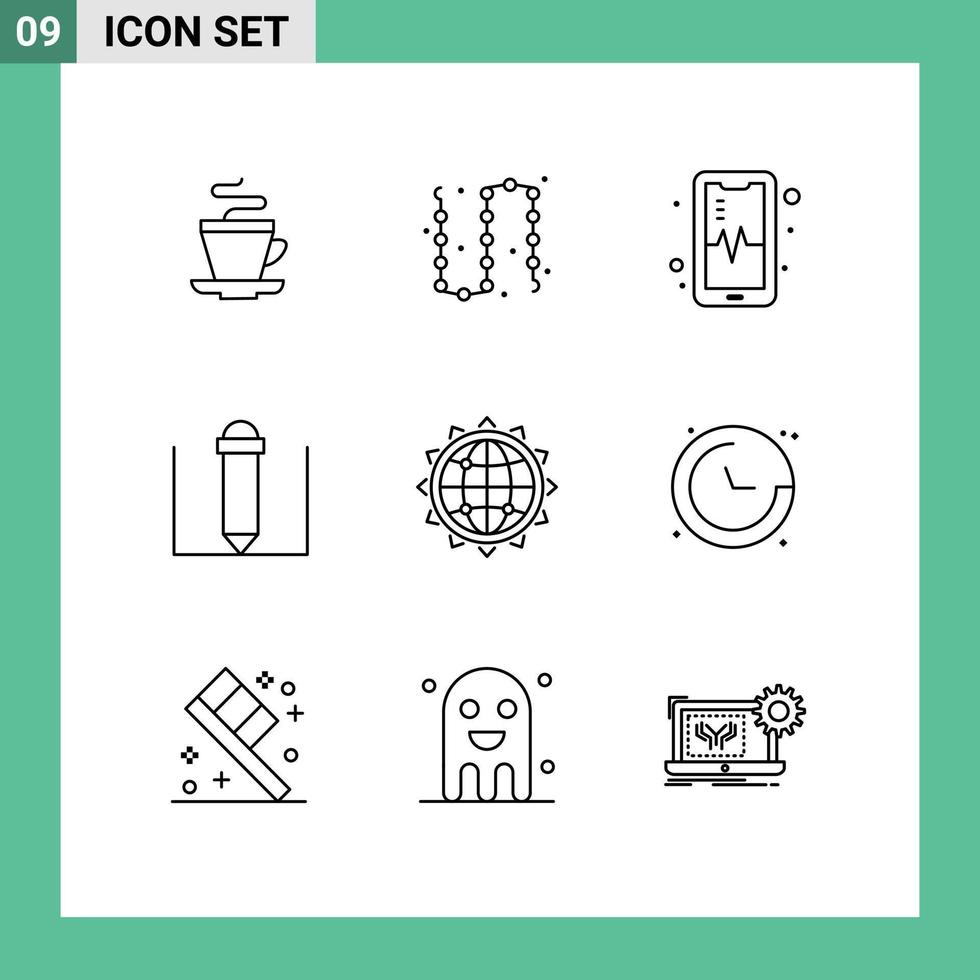 Set of 9 Commercial Outlines pack for business globe luxury world pencil Editable Vector Design Elements