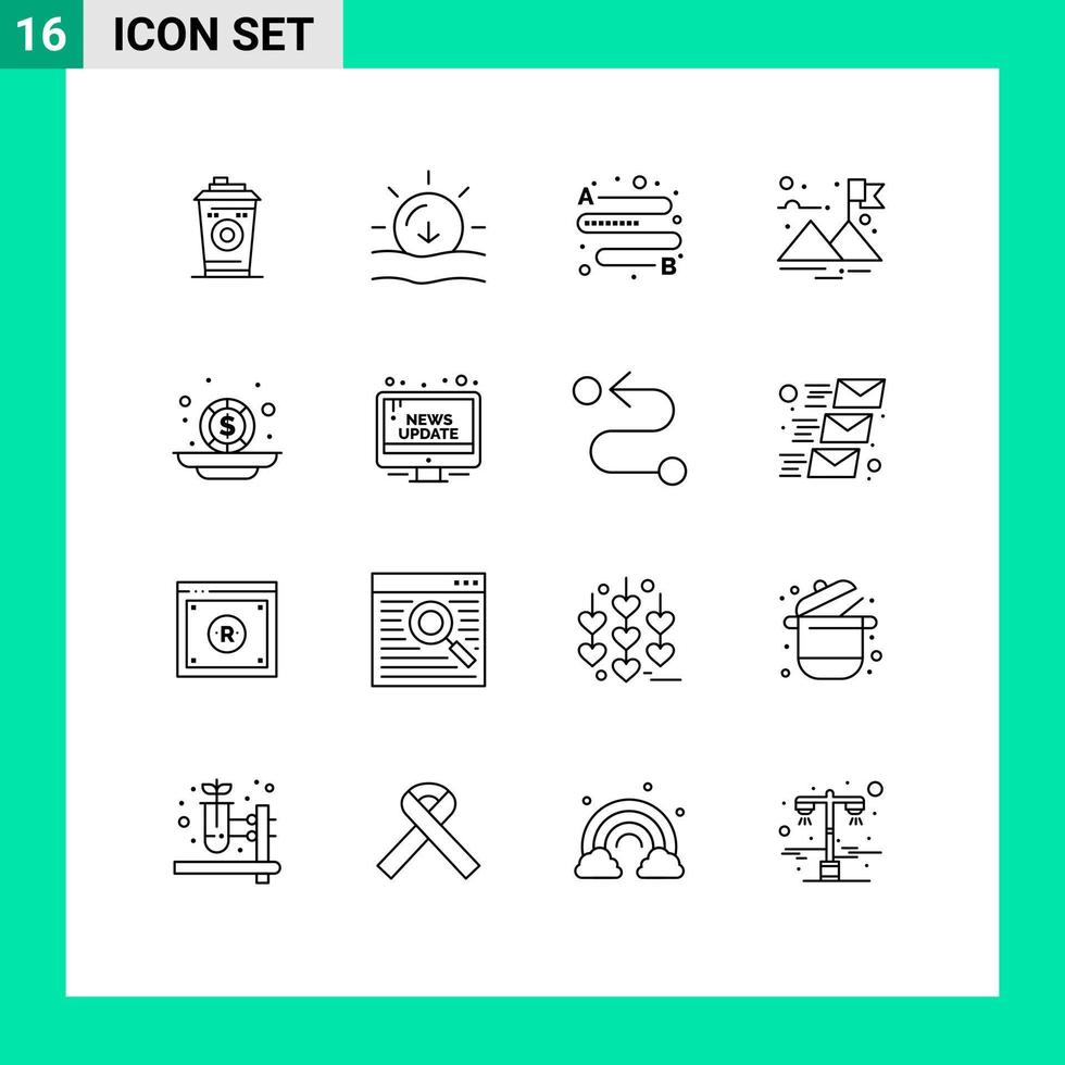 Mobile Interface Outline Set of 16 Pictograms of coins investment distance budget flag Editable Vector Design Elements