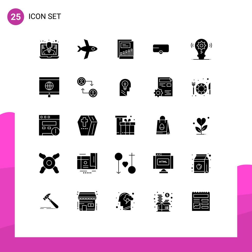 Pictogram Set of 25 Simple Solid Glyphs of setting idea growth bulb trailer Editable Vector Design Elements