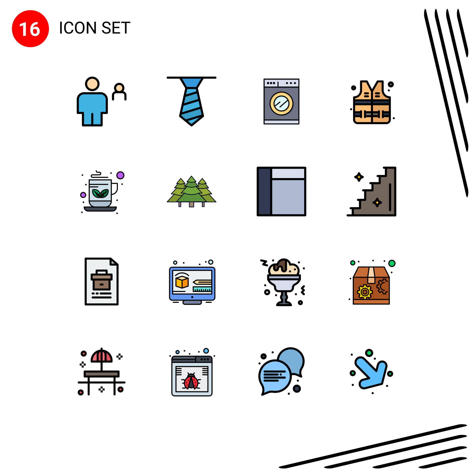 Group of 16 Modern Flat Color Filled Lines Set for forest tea machine