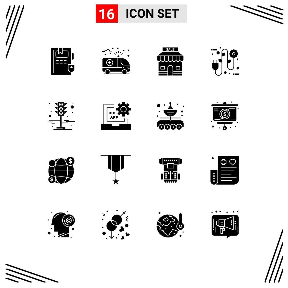 Editable Vector Line Pack of 16 Simple Solid Glyphs of traffic lights signal sale electrician ecology Editable Vector Design Elements