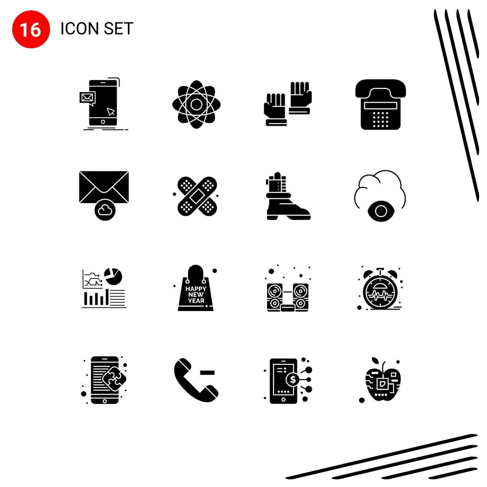 Pack of 16 Modern Solid Glyphs Signs and Symbols for Web Print Media such as phone contact laboratory communication sport Editable Vector Design Elements
