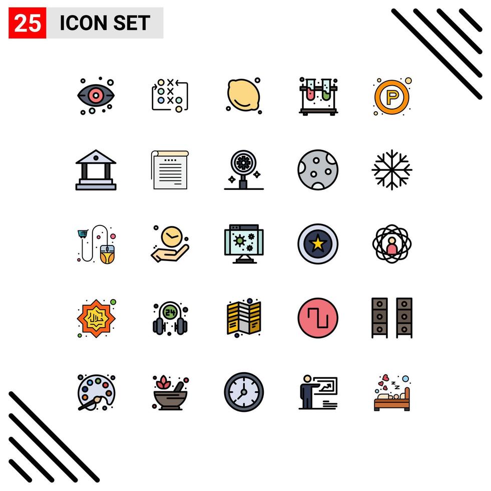 Filled line Flat Color Pack of 25 Universal Symbols of parking flask tactical experiment medical Editable Vector Design Elements