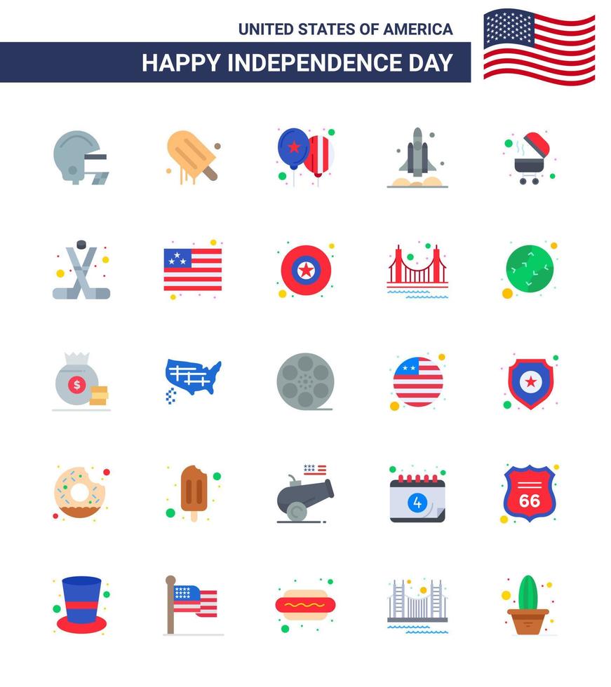 Pack of 25 creative USA Independence Day related Flats of bbq usa celebrate transport rocket Editable USA Day Vector Design Elements
