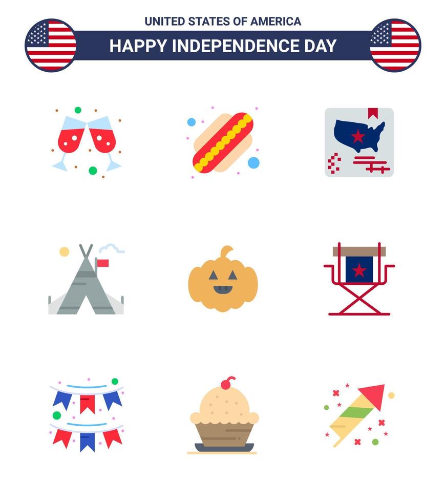Pack of 9 creative USA Independence Day related Flats of chair american map pumkin camp Editable USA Day Vector Design Elements