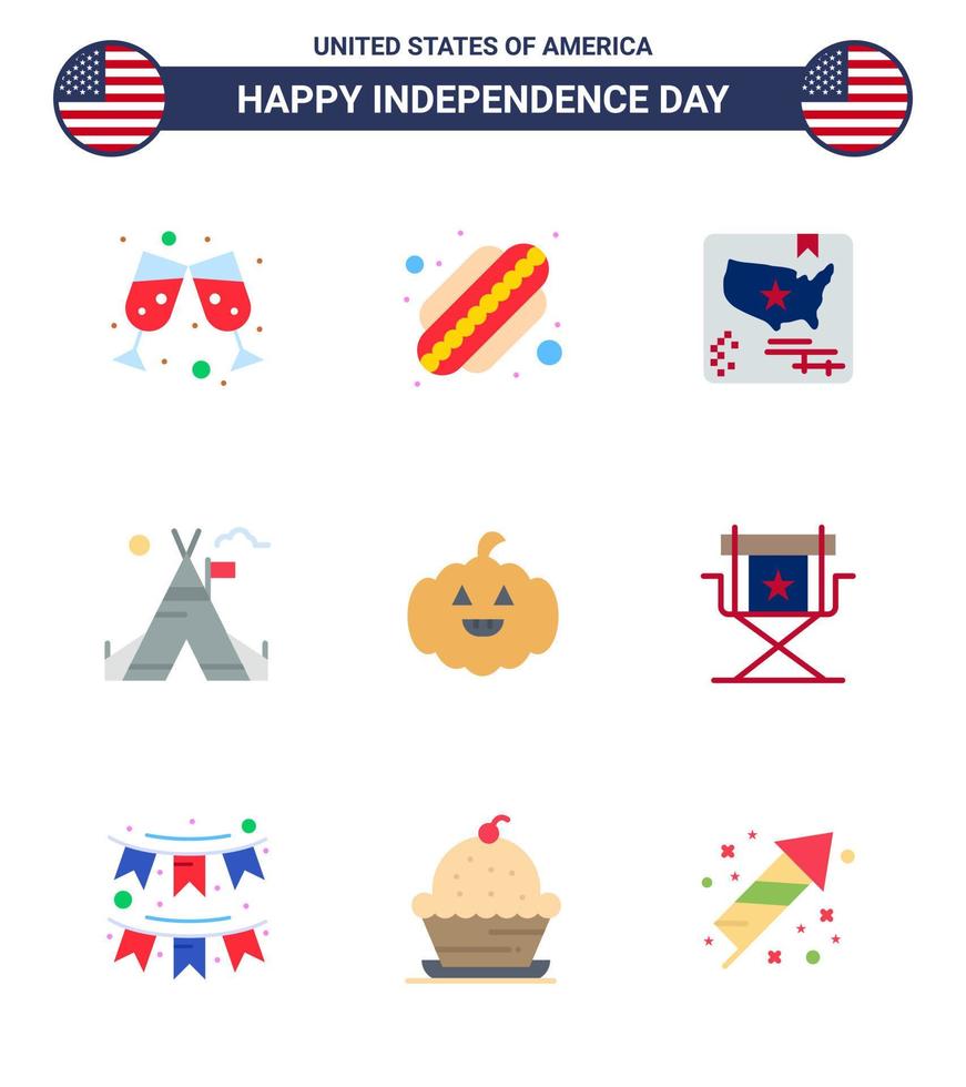 paquete de 9 pisos creativos relacionados con el día de la independencia de estados unidos de la silla mapa americano campamento de calabaza editable elementos de diseño vectorial del día de estados unidos vector