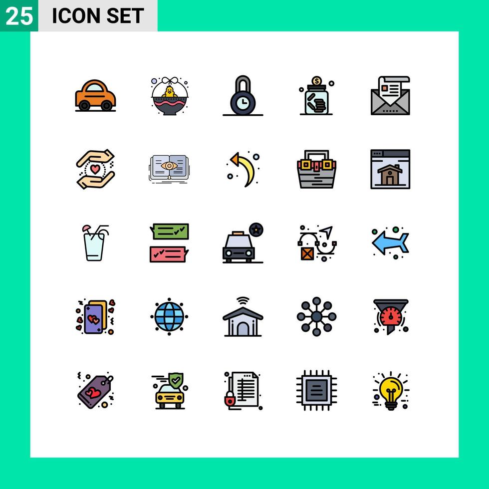 Mobile Interface Filled line Flat Color Set of 25 Pictograms of communication saving lock jar business Editable Vector Design Elements