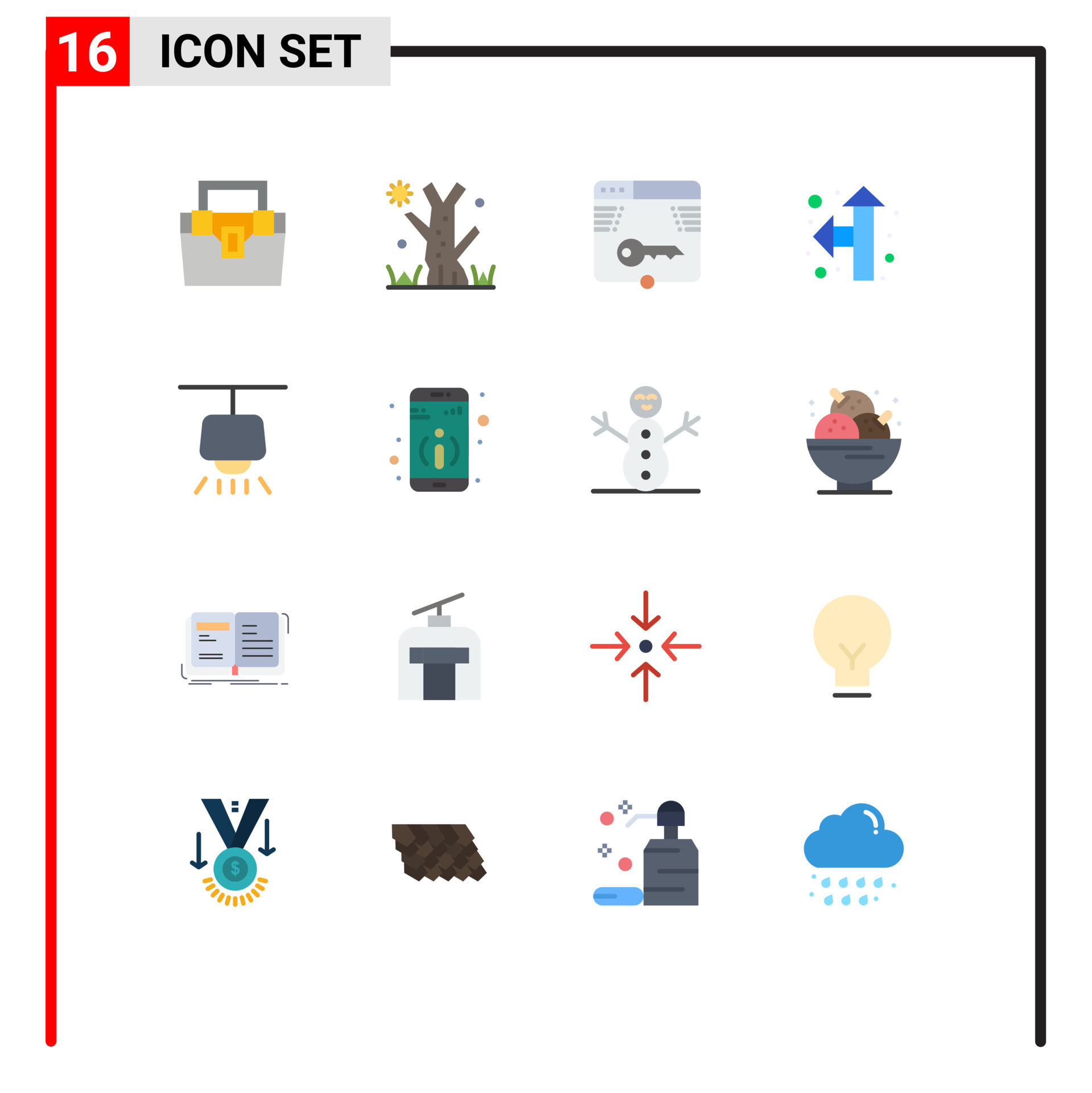 16 Universal Flat Color Signs Symbols of lamp up left secure pointer