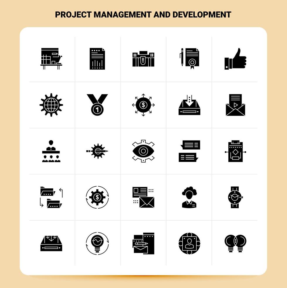 Solid 25 Project Management and Development Icon set Vector Glyph Style Design Black Icons Set Web and Mobile Business ideas design Vector Illustration