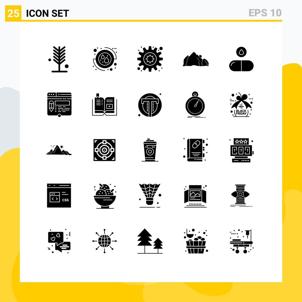 Pictogram Set of 25 Simple Solid Glyphs of drug mountain care nature hill Editable Vector Design Elements