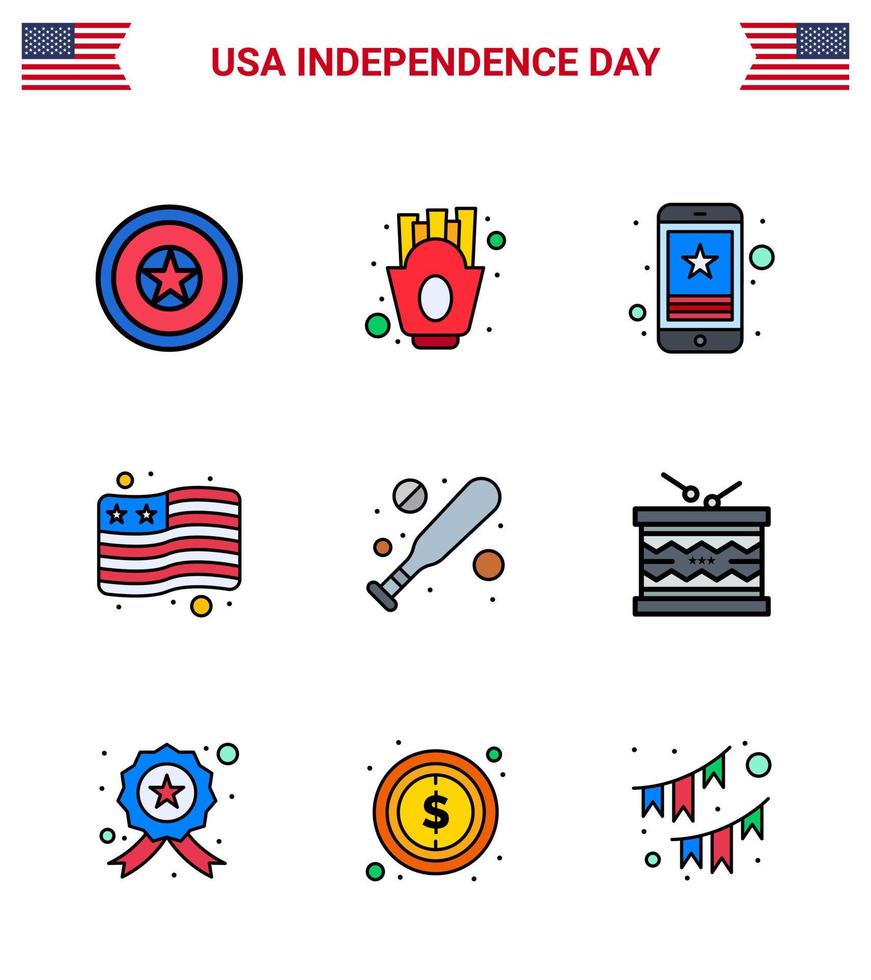 Pack of 9 creative USA Independence Day related Flat Filled Lines of bat usa cell flag phone Editable USA Day Vector Design Elements