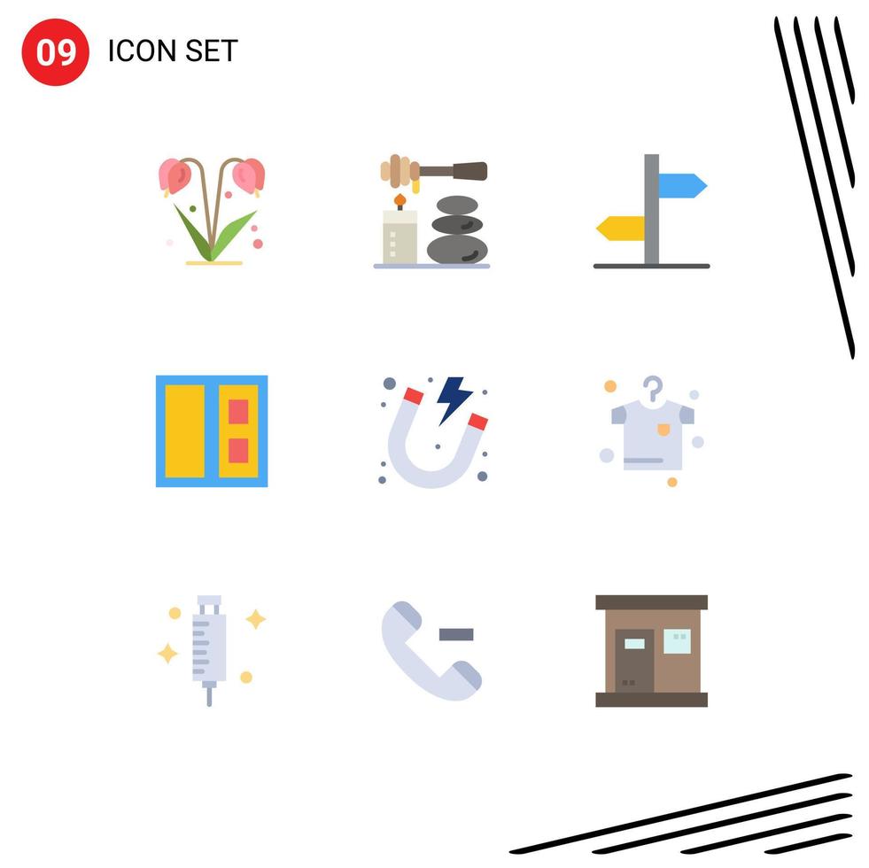 Mobile Interface Flat Color Set of 9 Pictograms of power electricity direction door building Editable Vector Design Elements