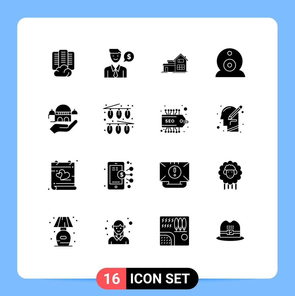 Group of 16 Modern Solid Glyphs Set for charity mosque home webcam security Editable Vector Design Elements