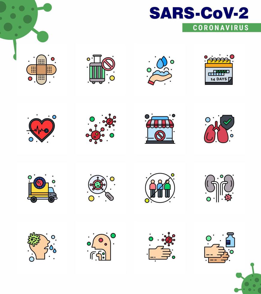 CORONAVIRUS 16 Flat Color Filled Line Icon set on the theme of Corona epidemic contains icons such as pulse beat hands schedule event viral coronavirus 2019nov disease Vector Design Elements