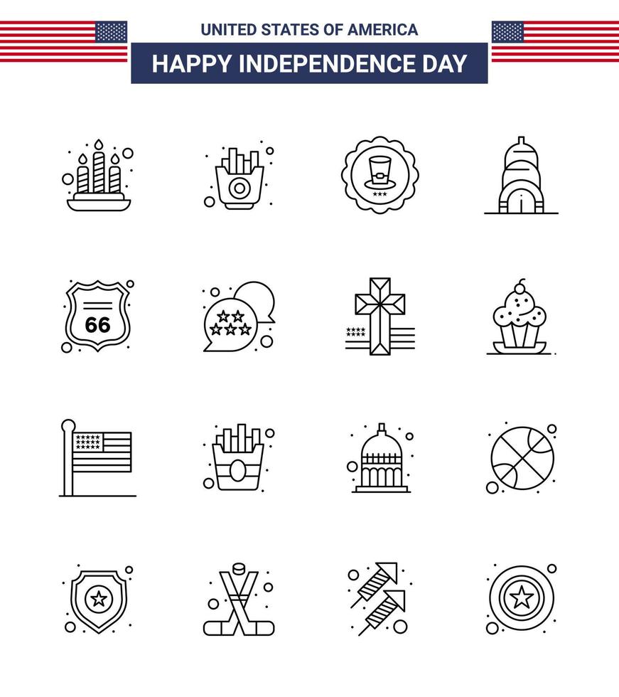 paquete de 16 líneas de celebración del día de la independencia de EE. UU. Signos y símbolos del 4 de julio, como el edificio de seguridad de la bebida del escudo estadounidense, elementos de diseño vectorial editables del día de EE. UU. vector