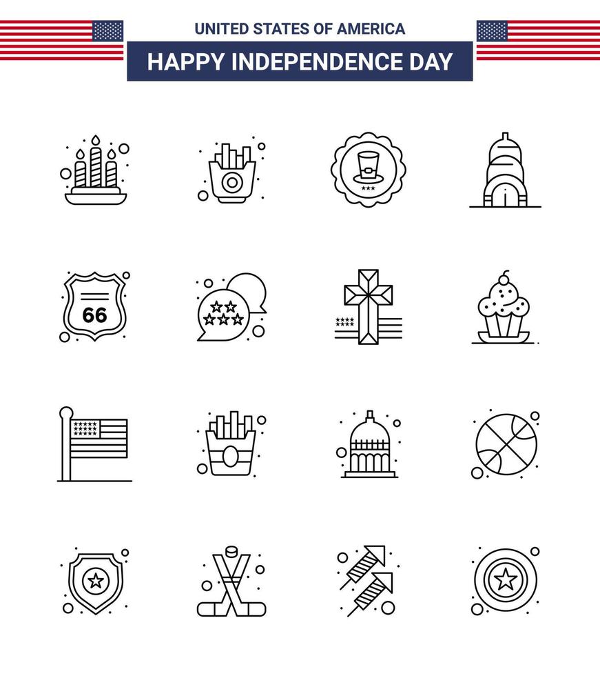 Pack of 16 USA Independence Day Celebration Lines Signs and 4th July Symbols such as american shield drink security building Editable USA Day Vector Design Elements