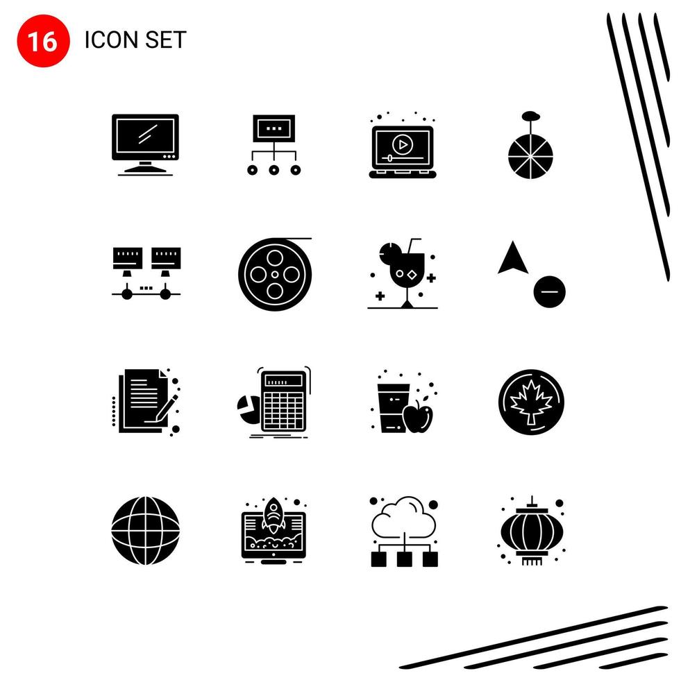 16 Universal Solid Glyphs Set for Web and Mobile Applications video marketing graph laptop process Editable Vector Design Elements