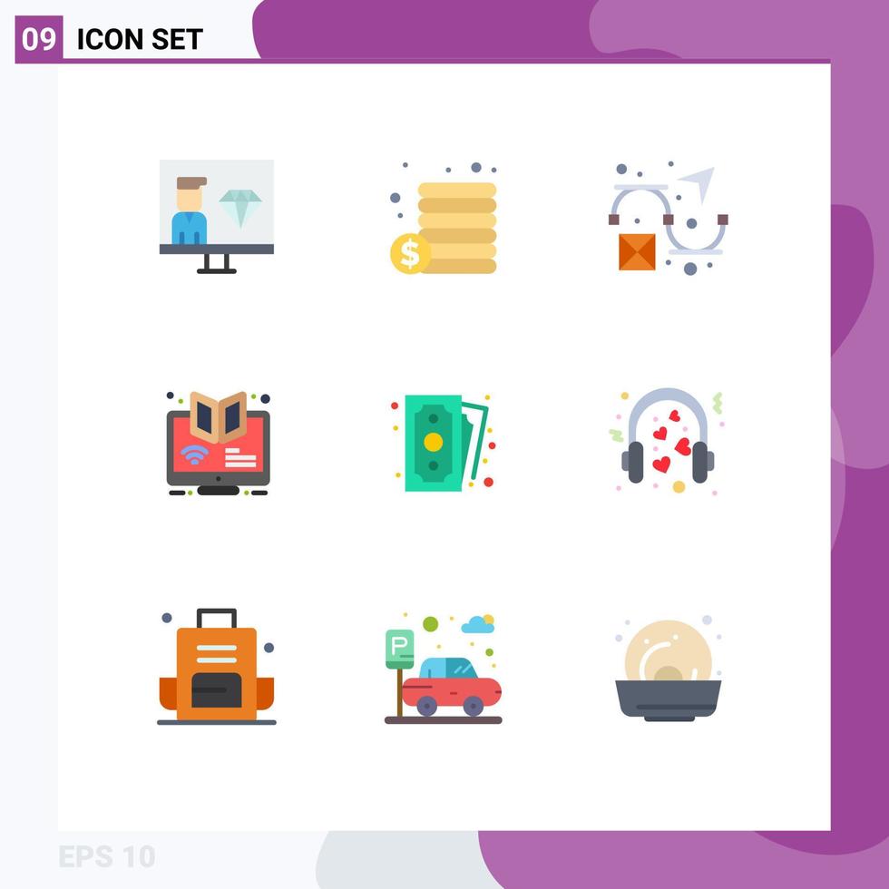 Pack of 9 Modern Flat Colors Signs and Symbols for Web Print Media such as cash online creative webinar e Editable Vector Design Elements