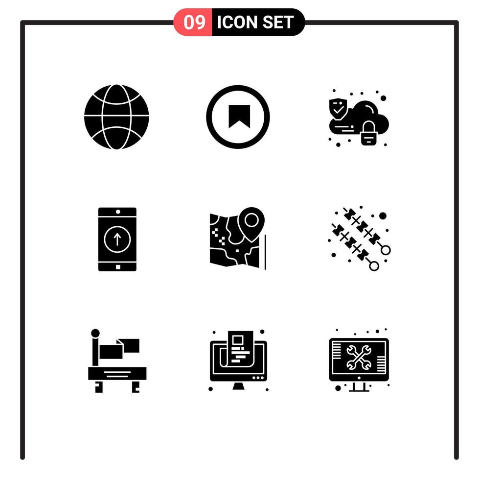 Modern Set of 9 Solid Glyphs and symbols such as location map lock sent mobile application Editable Vector Design Elements