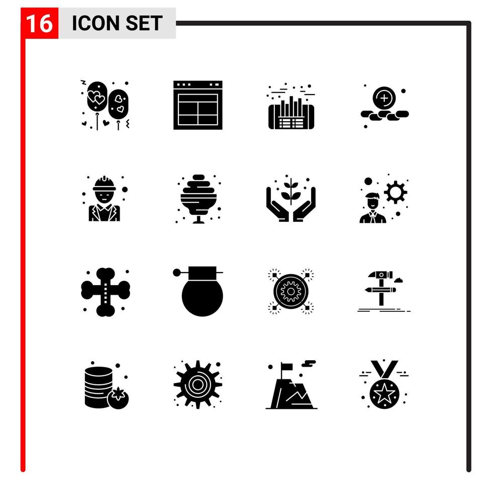 16 User Interface Solid Glyph Pack of modern Signs and Symbols of chief plus text add profit Editable Vector Design Elements
