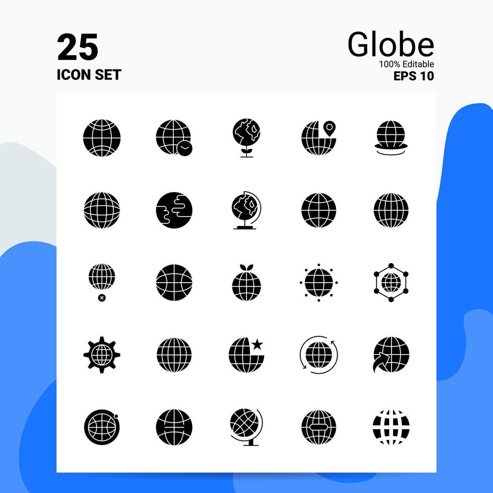 25 Globe Icon Set 100 Editable EPS 10 Files Business Logo Concept Ideas Solid Glyph icon design vector