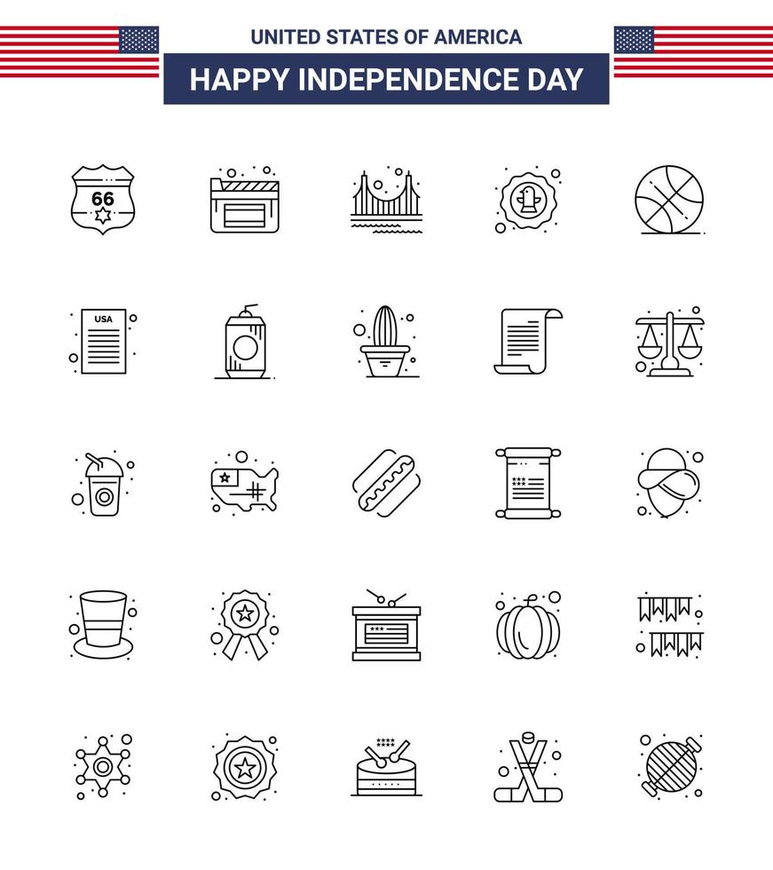 Set of 25 Vector Lines on 4th July USA Independence Day such as backetball eagle gate celebration american Editable USA Day Vector Design Elements