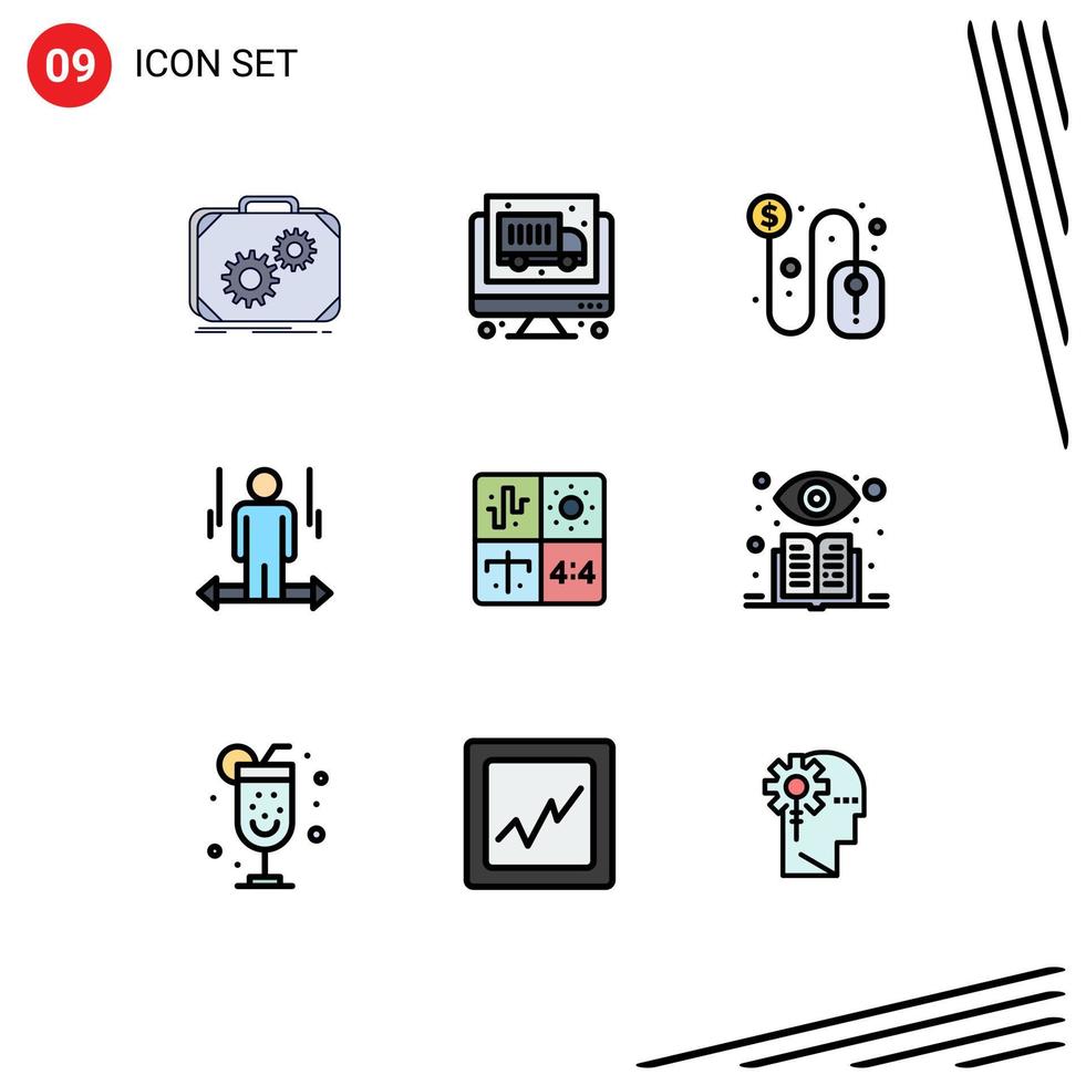 conjunto de pictogramas de 9 colores planos de línea rellena simple de audio flecha de clic izquierdo elementos de diseño vectorial editables por el usuario vector
