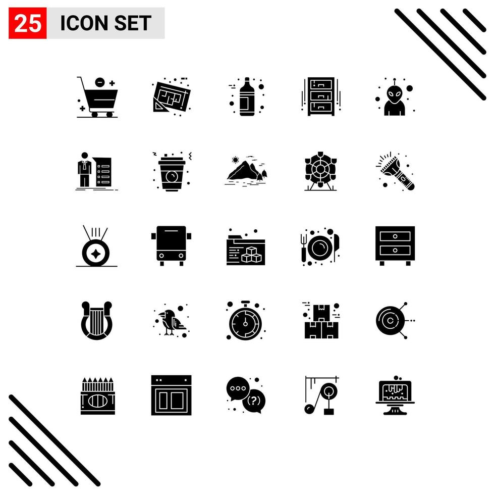 Group of 25 Solid Glyphs Signs and Symbols for alien office draw plan interior draw Editable Vector Design Elements