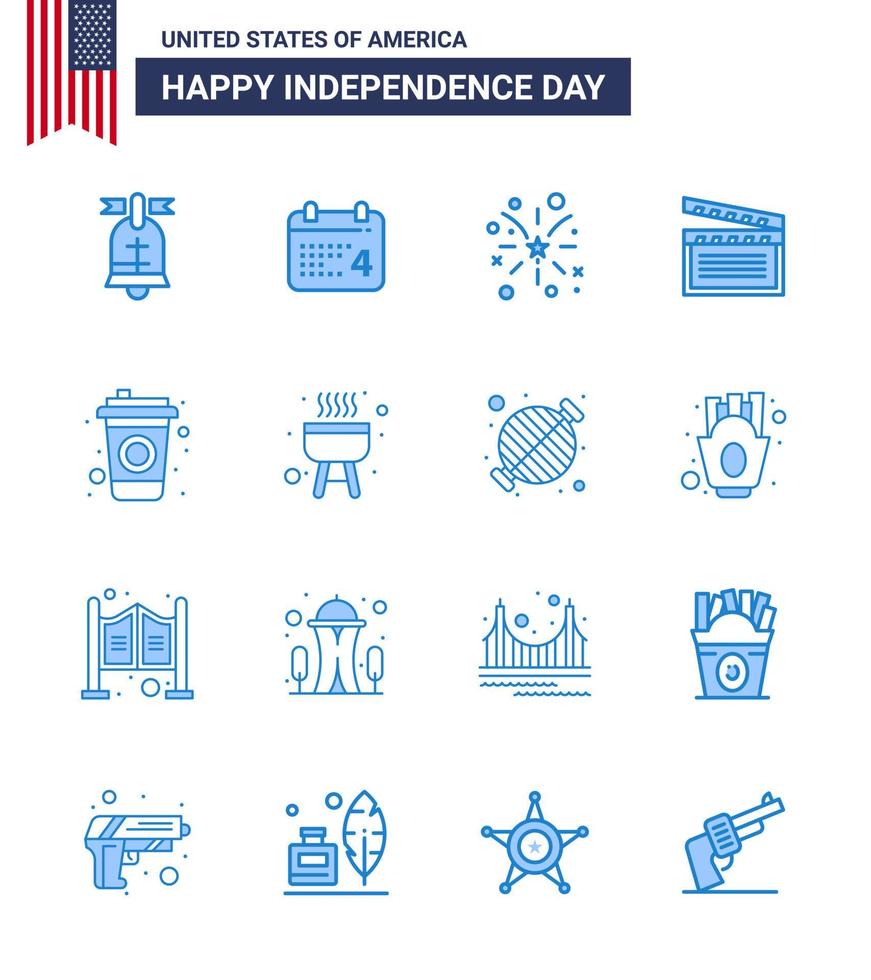 16 USA Blue Signs Independence Day Celebration Symbols of cola usa firework video american Editable USA Day Vector Design Elements