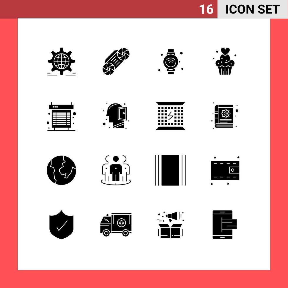 Group of 16 Solid Glyphs Signs and Symbols for sweets muffins smart watch cup cake wifi Editable Vector Design Elements