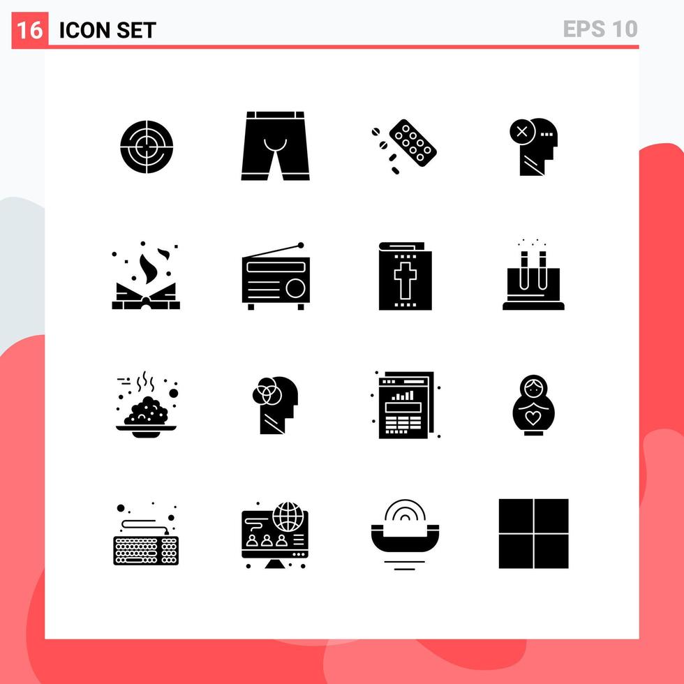 Modern Set of 16 Solid Glyphs Pictograph of mark head underwear failure treatment Editable Vector Design Elements