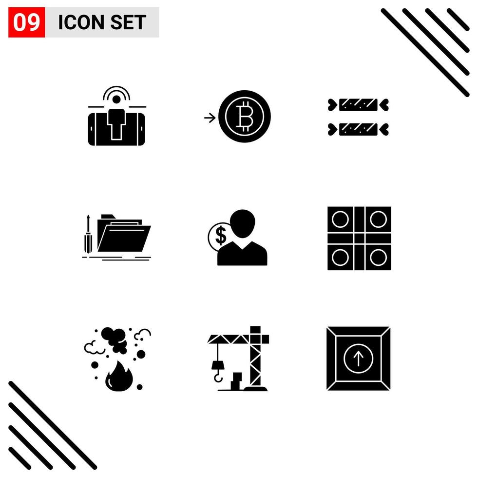 Modern Set of 9 Solid Glyphs Pictograph of user service candy resource tool Editable Vector Design Elements