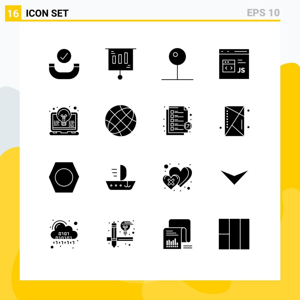 Modern Set of 16 Solid Glyphs and symbols such as coding js media development coding Editable Vector Design Elements