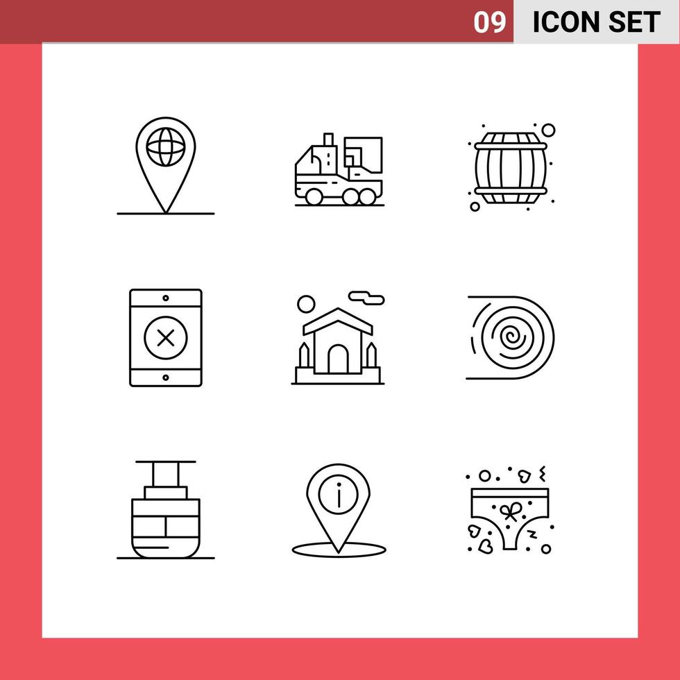 Group of 9 Outlines Signs and Symbols for estate house alcohol home locked Editable Vector Design Elements