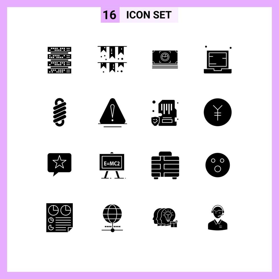 Editable Vector Line Pack of 16 Simple Solid Glyphs of double laptop money electronic computer Editable Vector Design Elements