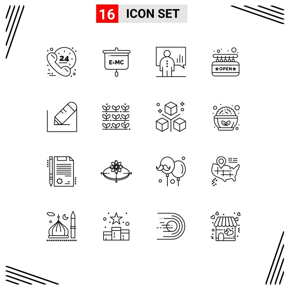 Pack of 16 Modern Outlines Signs and Symbols for Web Print Media such as pencil shop analytics open presentation Editable Vector Design Elements