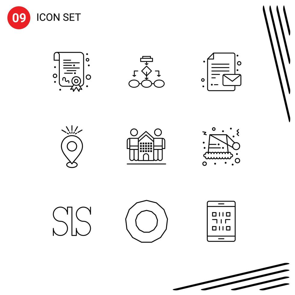 Pack of 9 Modern Outlines Signs and Symbols for Web Print Media such as map camping structure pin message Editable Vector Design Elements