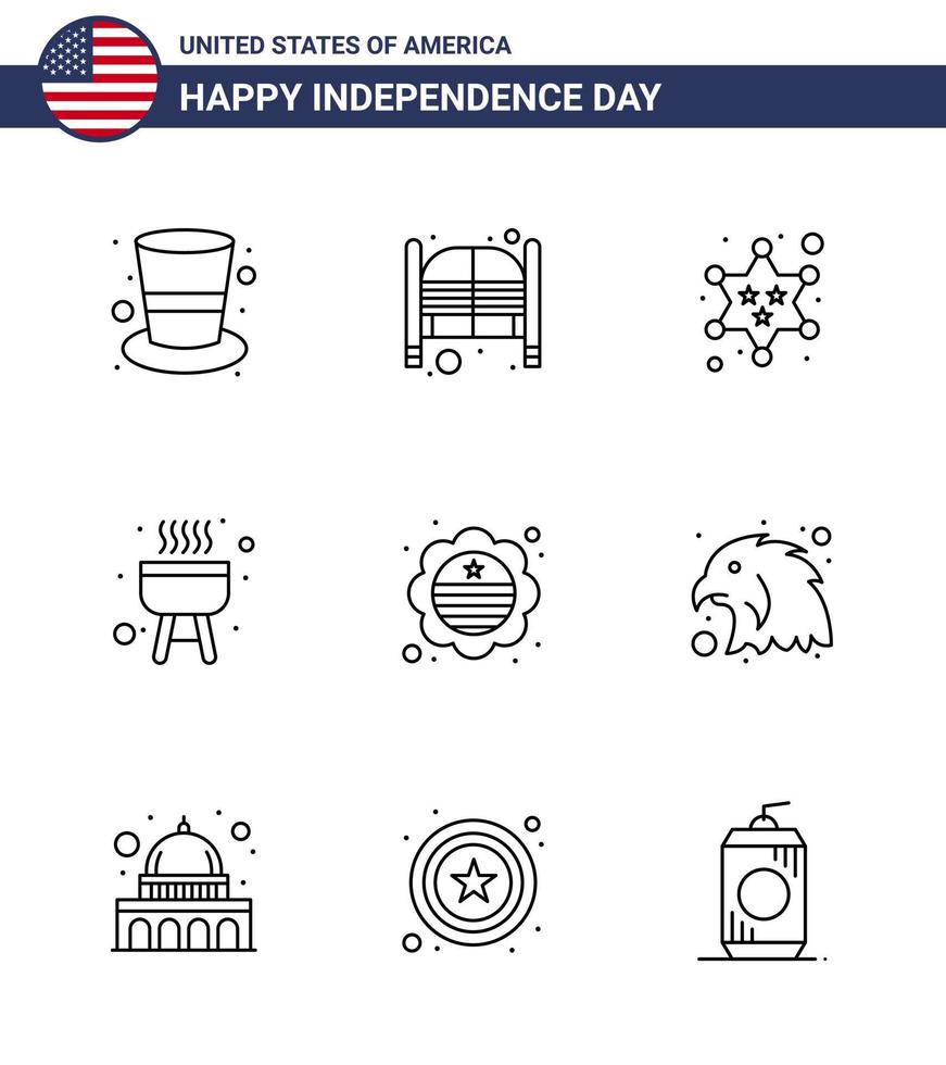 Group of 9 Lines Set for Independence day of United States of America such as flag cook entrance bbq star Editable USA Day Vector Design Elements