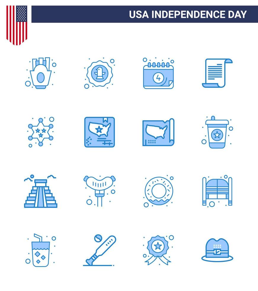 USA Independence Day Blue Set of 16 USA Pictograms of badge american badge text day Editable USA Day Vector Design Elements