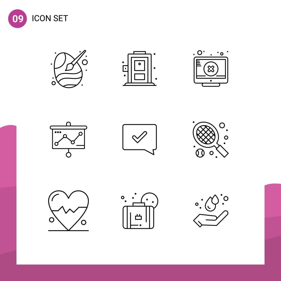 9 Thematic Vector Outlines and Editable Symbols of chat approve projector screen graph chart Editable Vector Design Elements