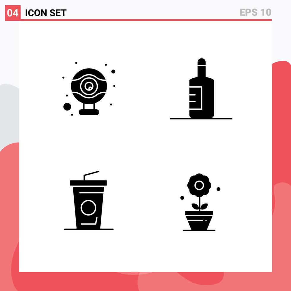 4 Thematic Vector Solid Glyphs and Editable Symbols of computer plant bottle beverage flower Editable Vector Design Elements