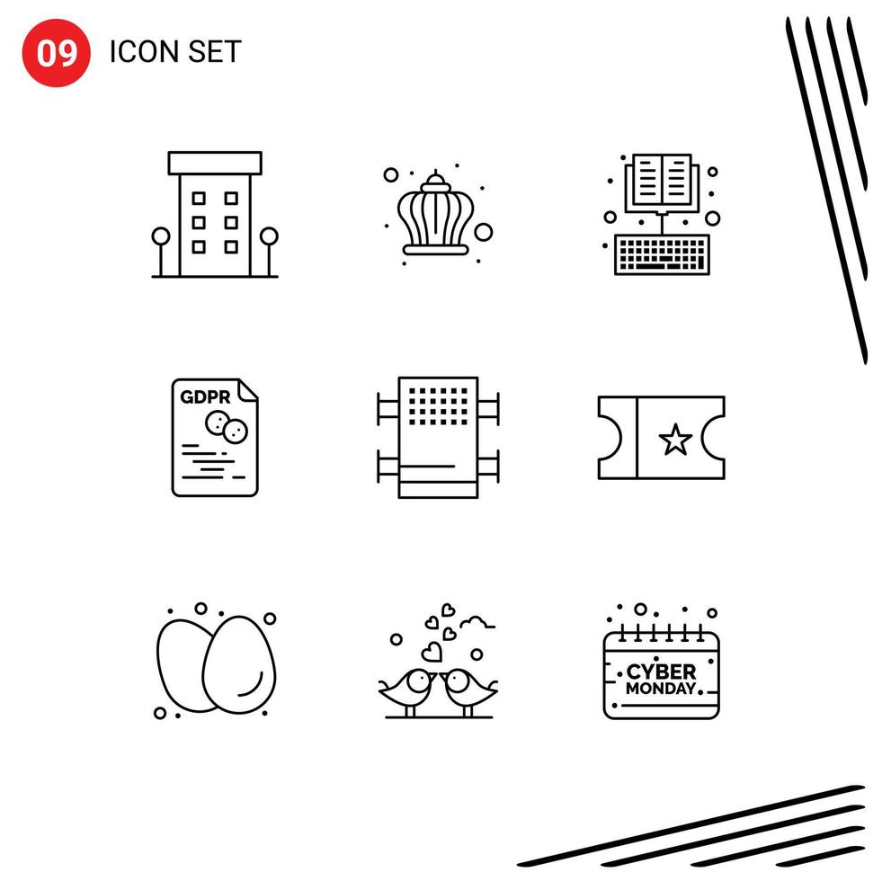 Set of 9 Vector Outlines on Grid for gdpr eu day data education Editable Vector Design Elements