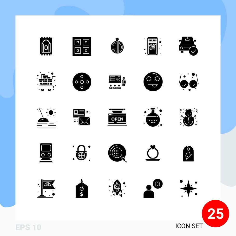 Solid Glyph Pack of 25 Universal Symbols of complete car success cart mobile shopping Editable Vector Design Elements