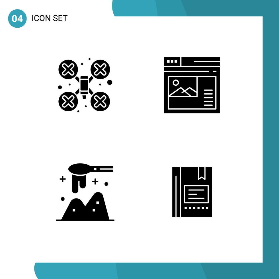 Modern Set of 4 Solid Glyphs Pictograph of cam ladle drone robot web spoon Editable Vector Design Elements