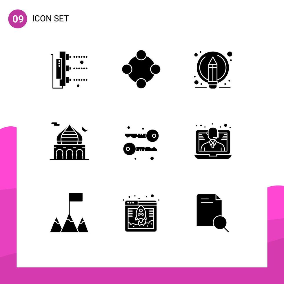 conjunto de 9 paquetes de glifos sólidos comerciales para rezar islam juguete masjid lápiz elementos de diseño vectorial editables vector
