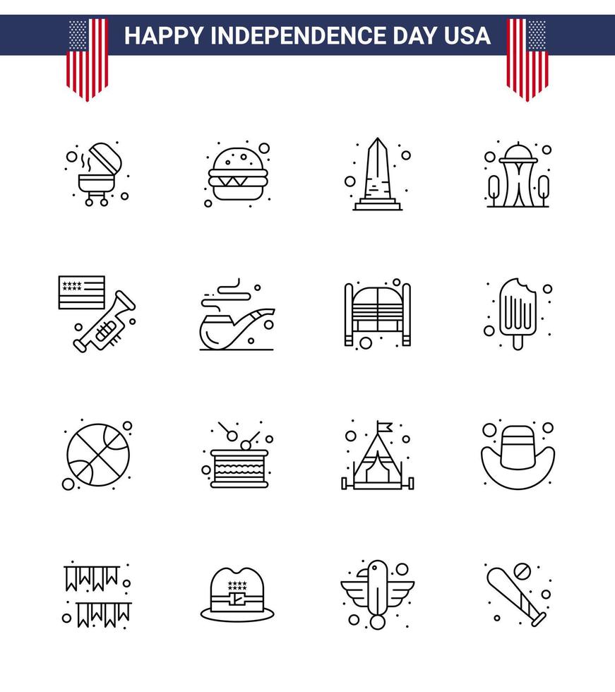 16 Line Signs for USA Independence Day laud flag sight space landmark Editable USA Day Vector Design Elements